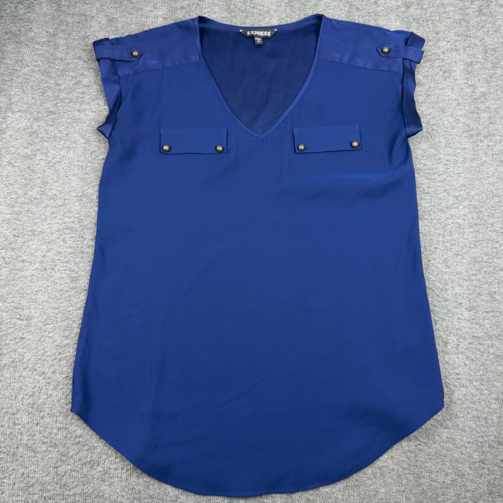 Express Blouse Womens Small Blue V-Neck Short Sleeve Pocket Gold Hardware Top